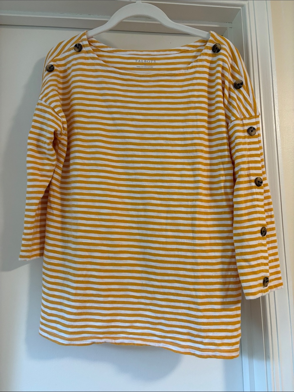 Talbots Yellow & White Striped Long Sleeve Button-Accent Top